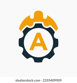 Construction Logo Letter A Concept With Gear Icon. Engineering Architect Repair Logotype