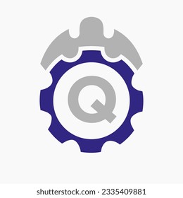 Carta De Logotipo De Construcción Concepto Q Con Icono De Engranaje. Logotipo de reparación de arquitectos de ingeniería