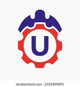 Construction Logo Letter U Concept With Gear Icon. Engineering Architect Repair Logotype