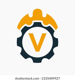 Construction Logo Letter V Concept With Gear Icon. Engineering Architect Repair Logotype