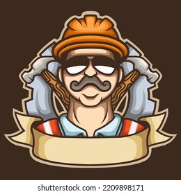 Construction logo with the main object of a human on a brown background. Vector inspiration. Design element for emblem,tshirt,poster,logo,logo company,logo community. Vector illustration.