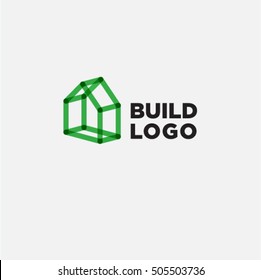 Construction logo. Real estate emblem. Green transparent house icon.