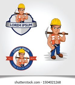 construction logo template for with muscular worker character as mascot
