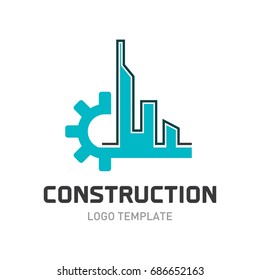 Construction logo template. Real estate logo concept. Building and gear logo template.