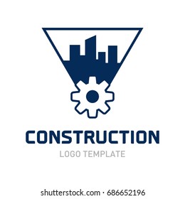 Construction logo template. Real estate logo concept. Building and gear logo template.