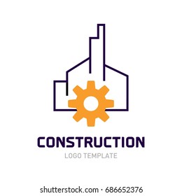 Construction logo template. Real estate logo concept. Building and gear logo template.