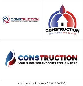 Construction logo with ventilation arrow droplet water home red blue vector suitable for air conditioning heating service repair