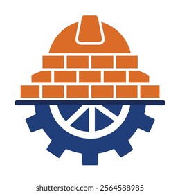 Construction Logo with Wig, Gear Wheel, and Bricks Vector Illustration. construction elements like a gear wheel, bricks, and a wig symbol to create a modern construction logo.