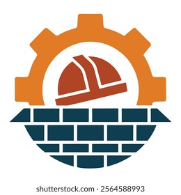 Construction Logo with Wig, Gear Wheel, and Bricks Vector Illustration. construction elements like a gear wheel, bricks, and a wig symbol to create a modern construction logo.