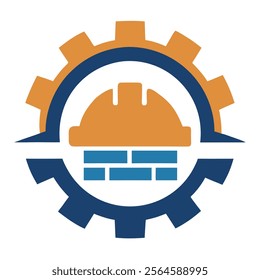 Construction Logo with Wig, Gear Wheel, and Bricks Vector Illustration. construction elements like a gear wheel, bricks, and a wig symbol to create a modern construction logo.