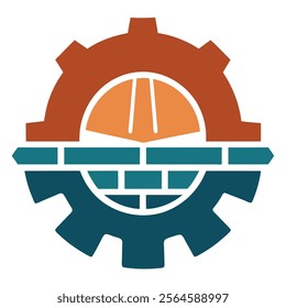 Construction Logo with Wig, Gear Wheel, and Bricks Vector Illustration. construction elements like a gear wheel, bricks, and a wig symbol to create a modern construction logo.