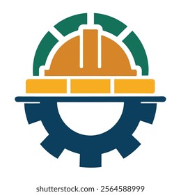 Construction Logo with Wig, Gear Wheel, and Bricks Vector Illustration. construction elements like a gear wheel, bricks, and a wig symbol to create a modern construction logo.