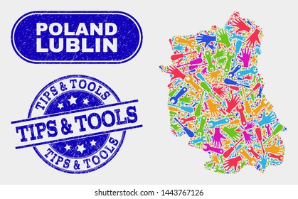 Construction Lublin Voivodeship map and blue Tips & Tools grunge seal stamp. Colored vector Lublin Voivodeship map mosaic of mechanic components. Blue round Tips & Tools seal.