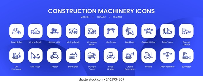 Baumaschinen-Ikone Kollektion mit schwarz gefüllter Linie Umrissstil. Bauwesen, Maschinen, Ausrüstung, LKW, Set, Industrie, Industrie. Vektorillustration