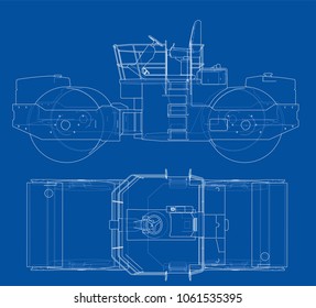 Construction machine. Asphalt compactor outlined vector rendering of 3d. The layers of visible and invisible lines are separated