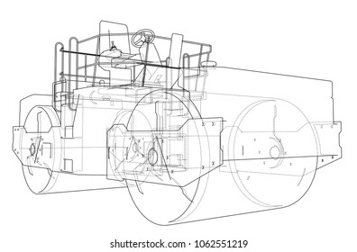 Construction machine. Asphalt compactor outlined vector rendering of 3d. The layers of visible and invisible lines are separated