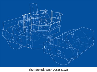 Construction machine. Asphalt compactor outlined vector rendering of 3d. The layers of visible and invisible lines are separated