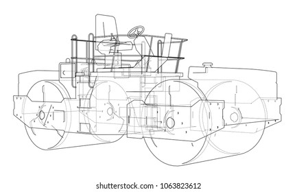 Construction machine. Asphalt compactor outlined vector rendering of 3d. The layers of visible and invisible lines are separated