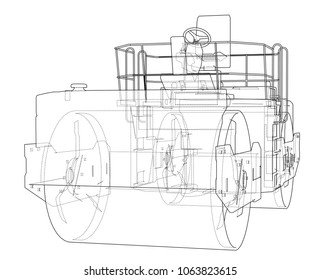 Construction machine. Asphalt compactor outlined vector rendering of 3d. The layers of visible and invisible lines are separated