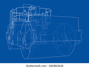 Construction machine. Asphalt compactor outlined vector rendering of 3d. The layers of visible and invisible lines are separated