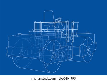 Construction machine. Asphalt compactor outlined vector rendering of 3d. The layers of visible and invisible lines are separated