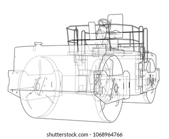 Construction machine. Asphalt compactor outlined vector rendering of 3d. The layers of visible and invisible lines are separated