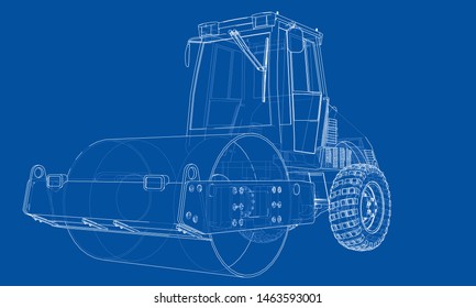 Construction machine. Asphalt compactor outlined vector rendering of 3d. The layers of visible and invisible lines are separated