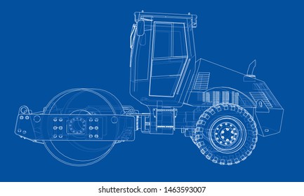 Construction machine. Asphalt compactor outlined vector rendering of 3d. The layers of visible and invisible lines are separated