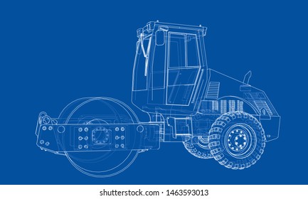 Construction machine. Asphalt compactor outlined vector rendering of 3d. The layers of visible and invisible lines are separated