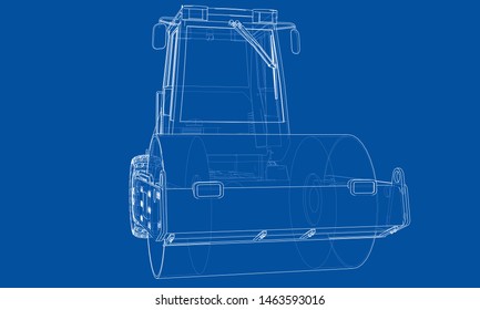 Construction machine. Asphalt compactor outlined vector rendering of 3d. The layers of visible and invisible lines are separated