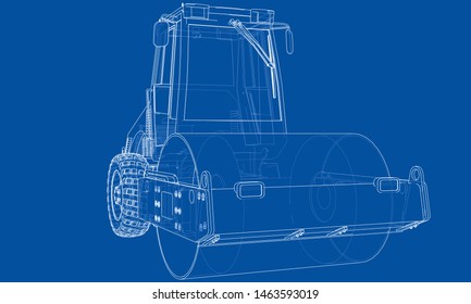 Construction machine. Asphalt compactor outlined vector rendering of 3d. The layers of visible and invisible lines are separated