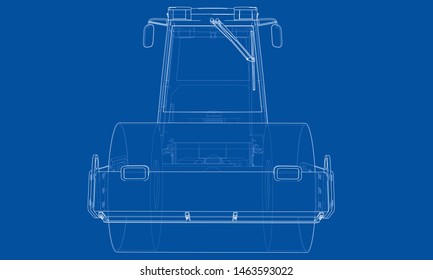 Construction machine. Asphalt compactor outlined vector rendering of 3d. The layers of visible and invisible lines are separated