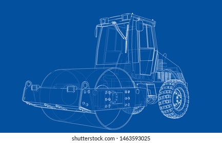 Construction machine. Asphalt compactor outlined vector rendering of 3d. The layers of visible and invisible lines are separated