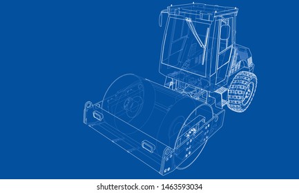 Construction machine. Asphalt compactor outlined vector rendering of 3d. The layers of visible and invisible lines are separated
