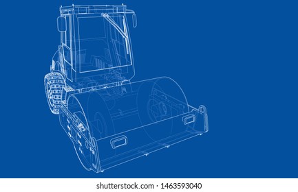 Construction machine. Asphalt compactor outlined vector rendering of 3d. The layers of visible and invisible lines are separated