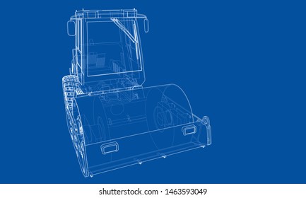 Construction machine. Asphalt compactor outlined vector rendering of 3d. The layers of visible and invisible lines are separated