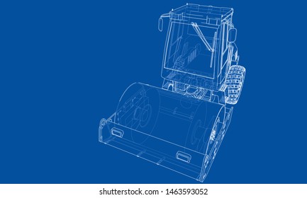 Construction machine. Asphalt compactor outlined vector rendering of 3d. The layers of visible and invisible lines are separated