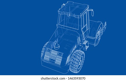 Construction machine. Asphalt compactor outlined vector rendering of 3d. The layers of visible and invisible lines are separated