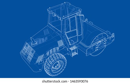 Construction machine. Asphalt compactor outlined vector rendering of 3d. The layers of visible and invisible lines are separated