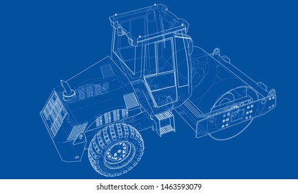 Construction machine. Asphalt compactor outlined vector rendering of 3d. The layers of visible and invisible lines are separated