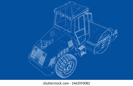 Construction machine. Asphalt compactor outlined vector rendering of 3d. The layers of visible and invisible lines are separated