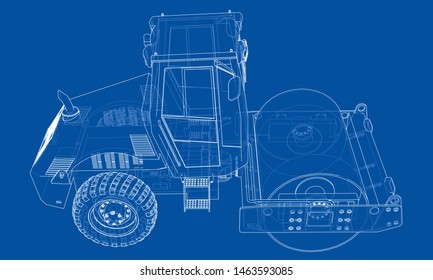 Construction machine. Asphalt compactor outlined vector rendering of 3d. The layers of visible and invisible lines are separated