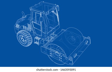 Construction machine. Asphalt compactor outlined vector rendering of 3d. The layers of visible and invisible lines are separated
