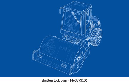 Construction machine. Asphalt compactor outlined vector rendering of 3d. The layers of visible and invisible lines are separated