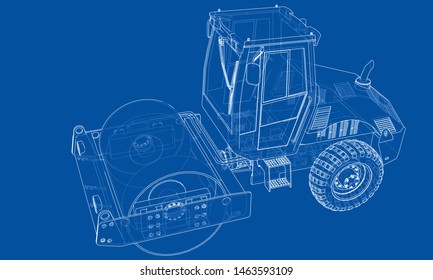 Construction machine. Asphalt compactor outlined vector rendering of 3d. The layers of visible and invisible lines are separated