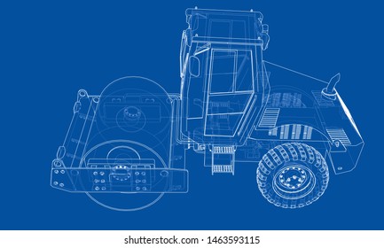 Construction machine. Asphalt compactor outlined vector rendering of 3d. The layers of visible and invisible lines are separated