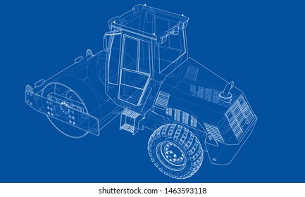 Construction machine. Asphalt compactor outlined vector rendering of 3d. The layers of visible and invisible lines are separated