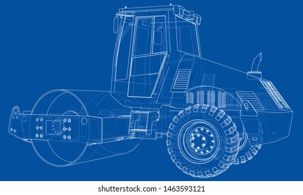 Construction machine. Asphalt compactor outlined vector rendering of 3d. The layers of visible and invisible lines are separated