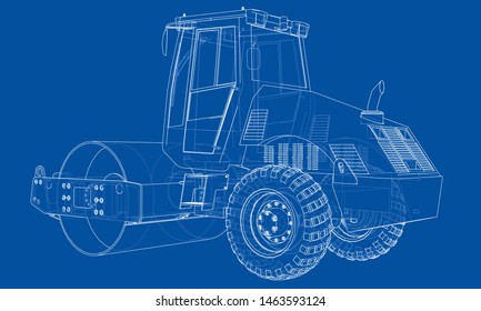 Construction machine. Asphalt compactor outlined vector rendering of 3d. The layers of visible and invisible lines are separated