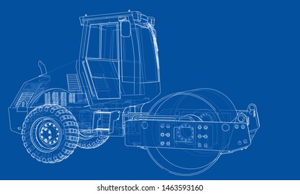 Construction machine. Asphalt compactor outlined vector rendering of 3d. The layers of visible and invisible lines are separated